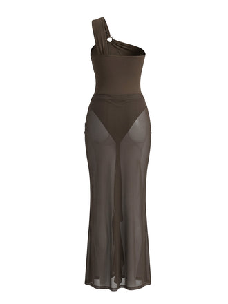 Brown 1930s Mesh Sheer One Piece Bikini Set 2