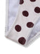 White fabric with brown polka dots and lace trim on a white background