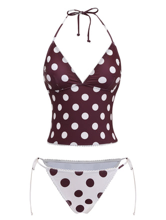 Polka dot bikini set with a brown and white pattern on a white background