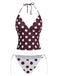 Polka dot bikini set with a brown and white pattern on a white background