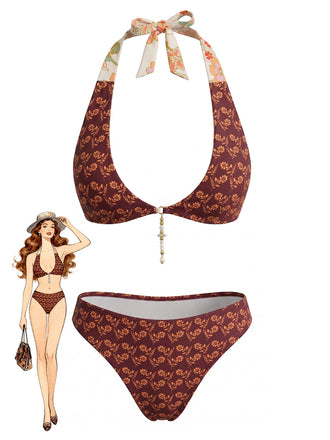 [Pre-Vendita] Set Bikini con Schiena Scoperta Reversibile Floreale Marrone Anni '40