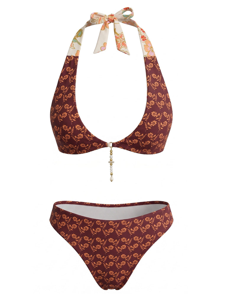 [Pre-Vendita] Set Bikini con Schiena Scoperta Reversibile Floreale Marrone Anni '40 2