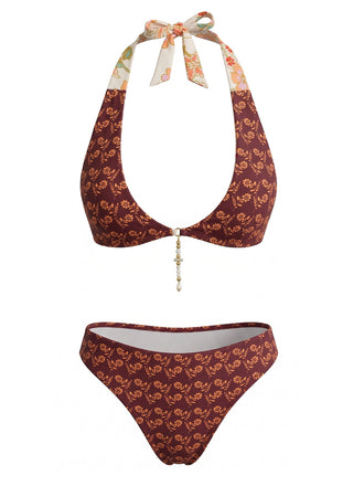 [Pre-Vendita] Set Bikini con Schiena Scoperta Reversibile Floreale Marrone Anni '40 2