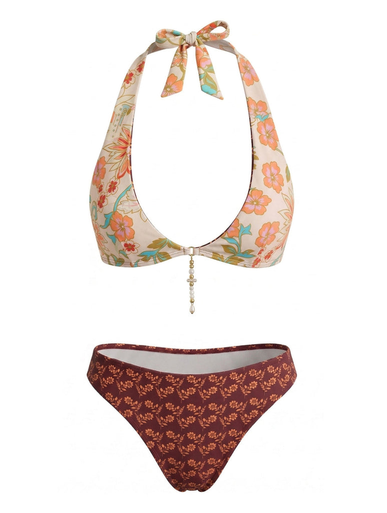 [Pre-Vendita] Set Bikini con Schiena Scoperta Reversibile Floreale Marrone Anni '40 4