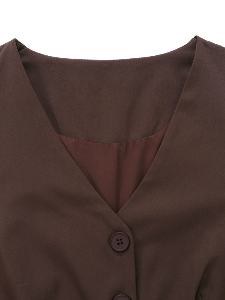 Brown 1940s two-piece set with sleeveless vest and pleated midi skirt for vintage styling