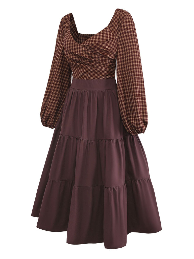 Brown 1950s Gingham Lace-Up Backless Tiered Dress - vintage dress, retro fashion, rockabilly