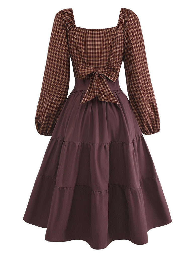Brown 1950s Gingham Lace-Up Backless Tiered Dress - vintage dress, retro fashion, rockabilly
