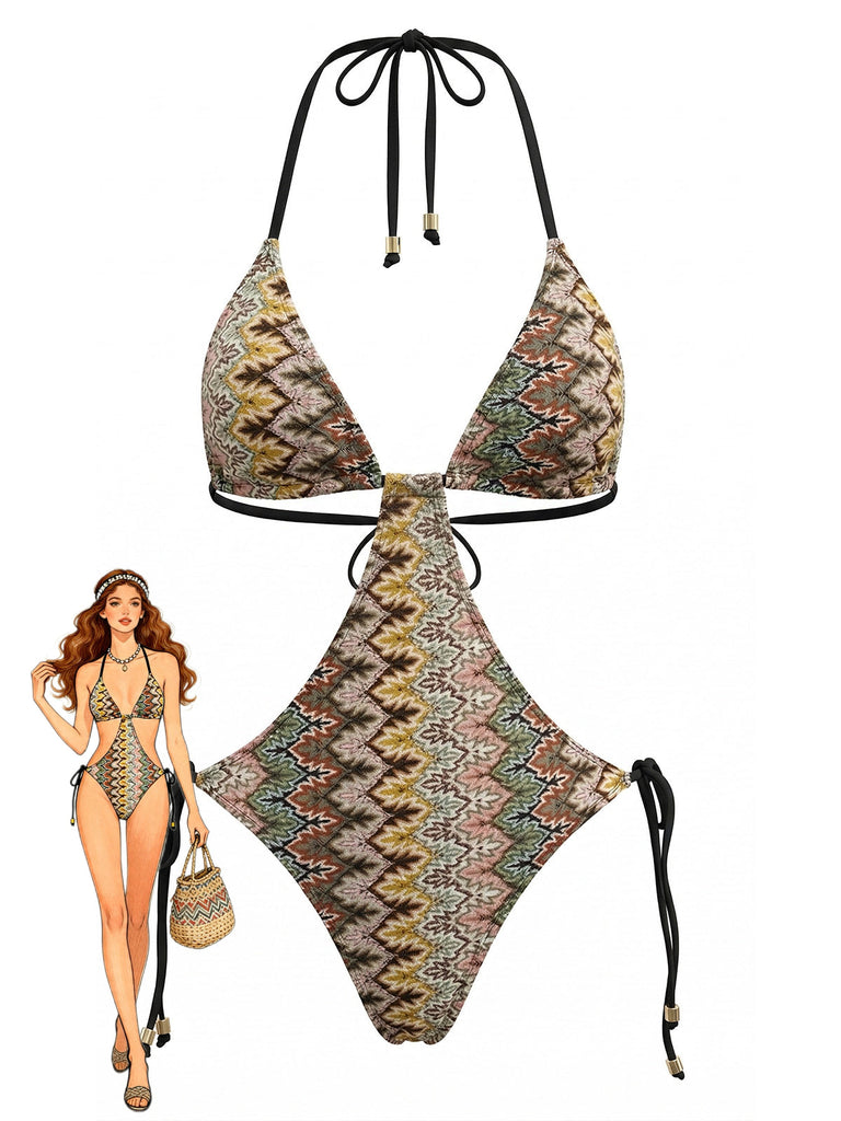 [Pre-Vendita] Costume Intero Bohemien Increspato a Stampa Chevron Marrone Anni '70