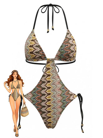 [Pre-Vendita] Costume Intero Bohemien Increspato a Stampa Chevron Marrone Anni '70