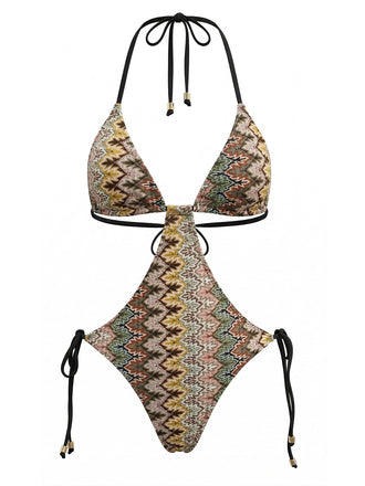 [Pre-Vendita] Costume Intero Bohemien Increspato a Stampa Chevron Marrone Anni '70 2