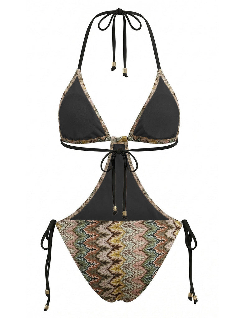 [Pre-Vendita] Costume Intero Bohemien Increspato a Stampa Chevron Marrone Anni '70 3