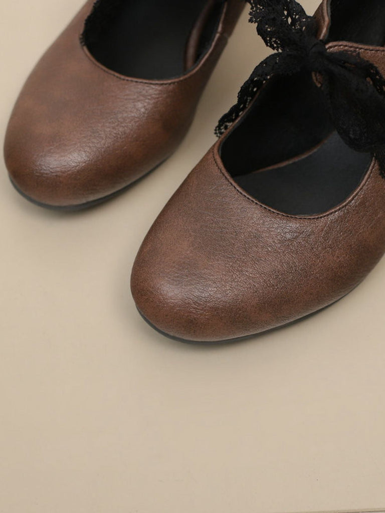 Scarpe Mary Jane con Pizzo e Fiocco con Tacco