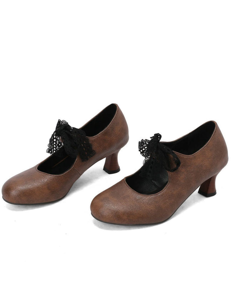 Scarpe Mary Jane con Pizzo e Fiocco con Tacco