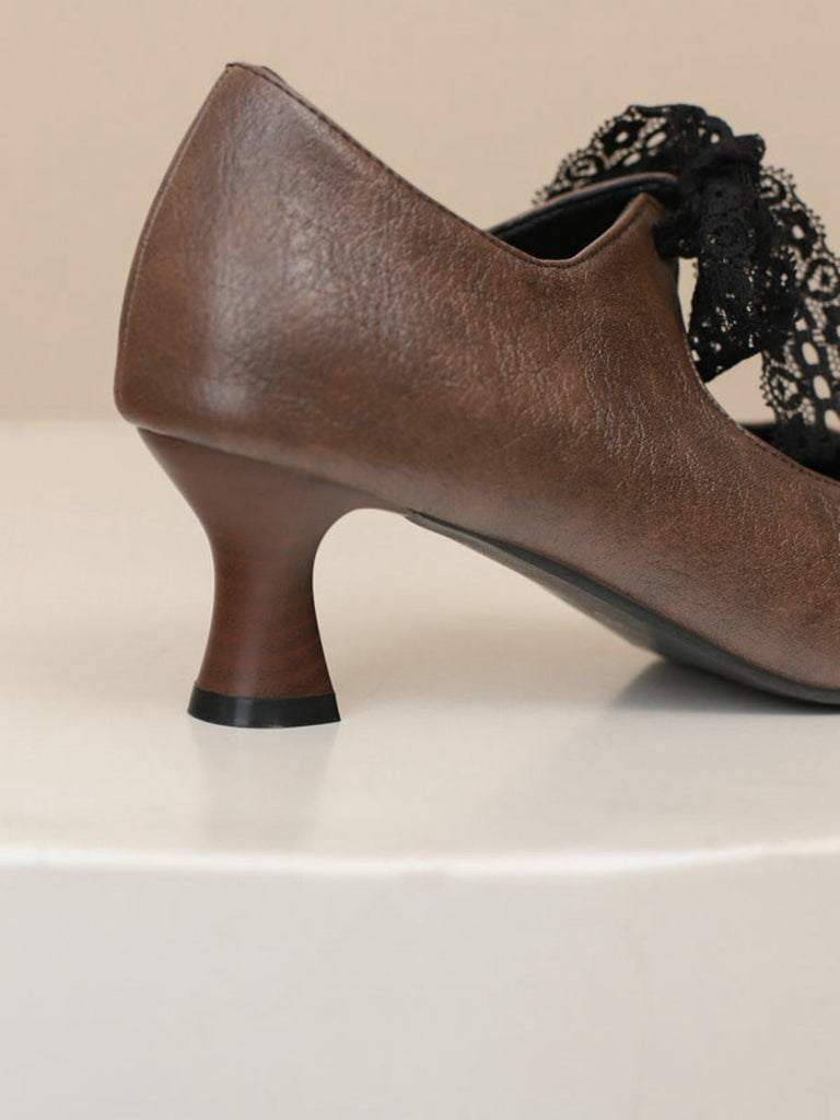 Scarpe Mary Jane con Pizzo e Fiocco con Tacco