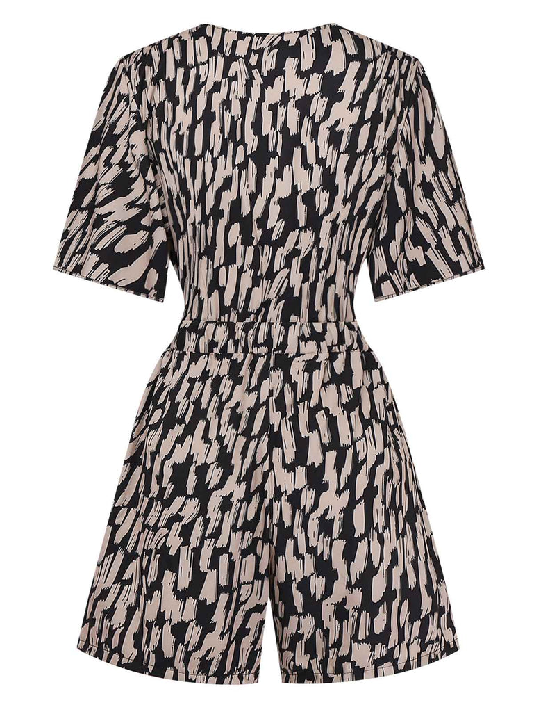 Tuta corta marrone anni '40 in raso leopardato con scollo a V