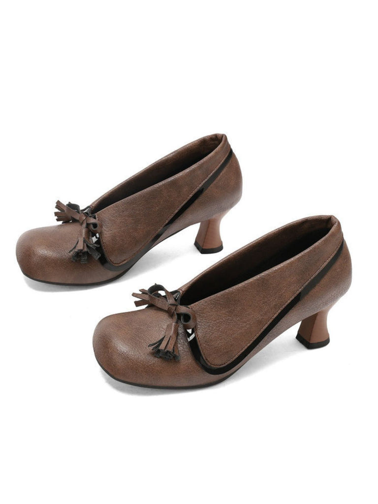 Scarpe con tacco spesso e punta tonda in PU con fiocco