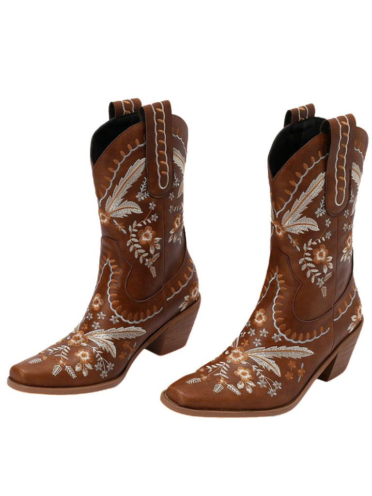 Pair of brown cowboy boots with floral embroidery on a white background