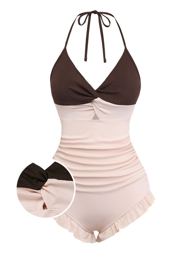 Brown and beige swimsuit with ruffled details on a white background