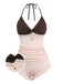 Brown and beige swimsuit with ruffled details on a white background
