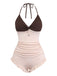 Two-tone swimsuit with brown top and beige bottom on a white background