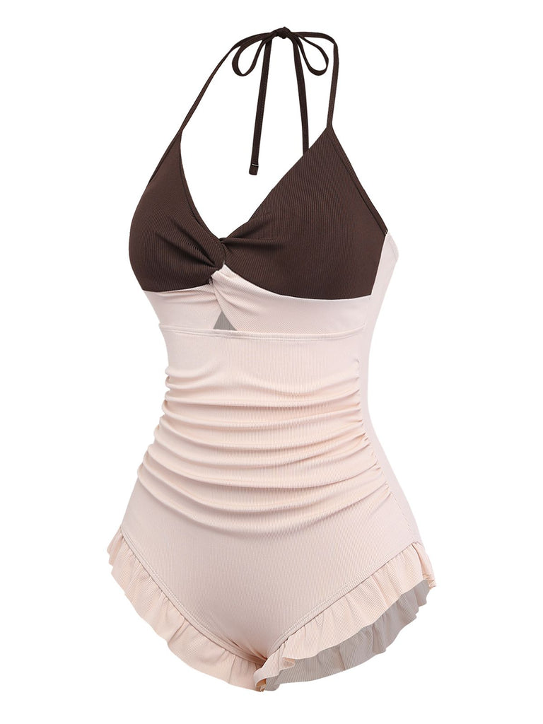 Two-tone swimsuit with brown top and beige bottom on a white background