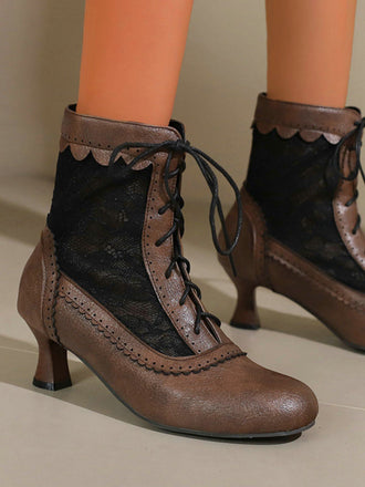 Brown vintage-style shoes with lace-up design worn by a person.