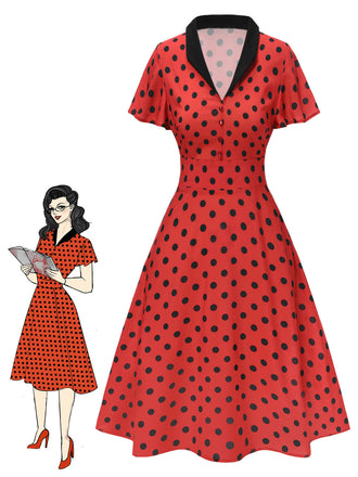 Abito con scollo a V e pois rosso scuro anni '50
