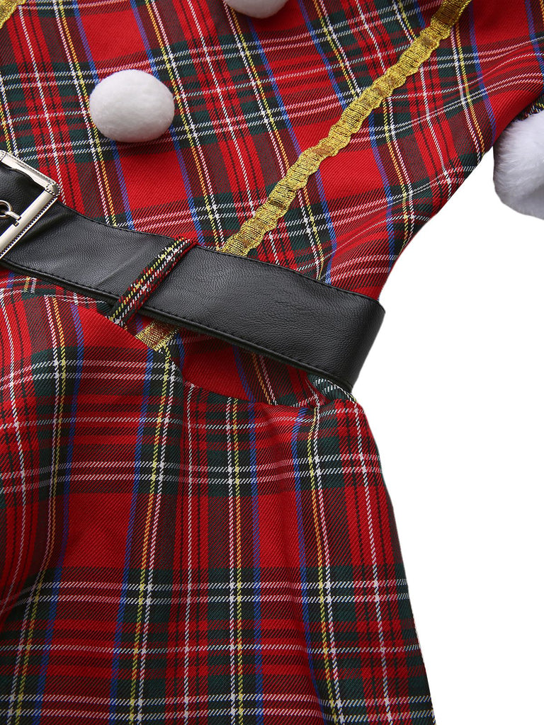 Completo con abito natalizio a quadri con spalle scoperte rosso anni '60