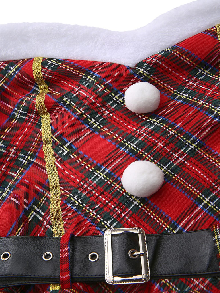 Completo con abito natalizio a quadri con spalle scoperte rosso anni '60