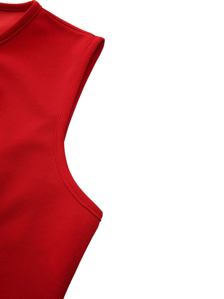 Abito senza maniche con fiocco sul collo e orlo arricciato rosso anni '60