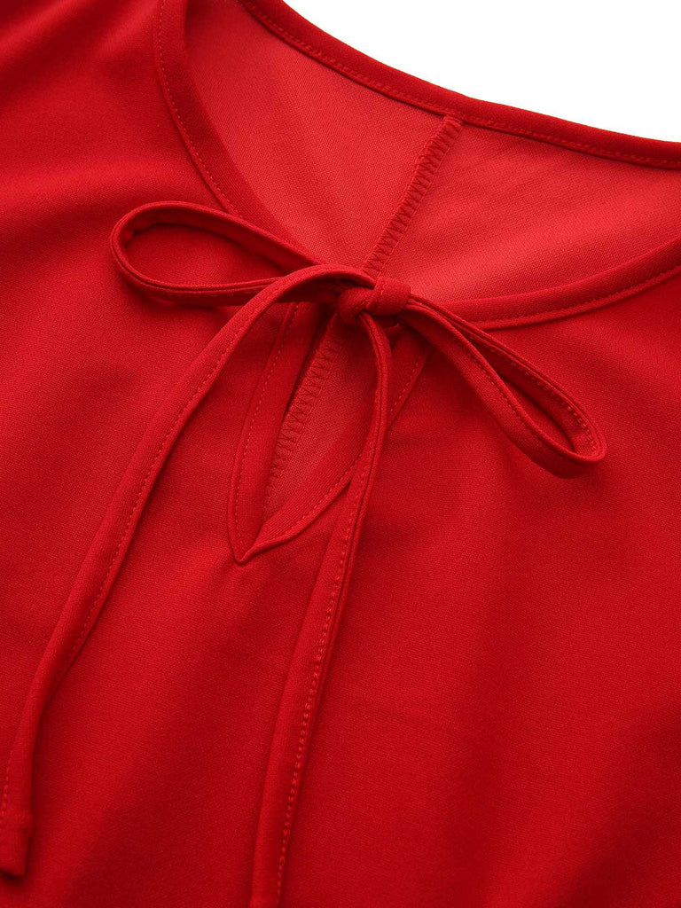 Abito senza maniche con fiocco sul collo e orlo arricciato rosso anni '60