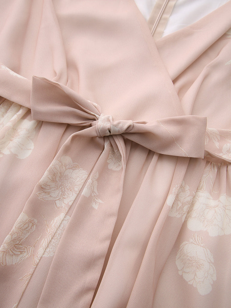 Abito rosa anni '40 senza maniche con scollo a V e cintura