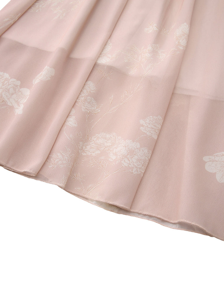 Abito rosa anni '40 senza maniche con scollo a V e cintura