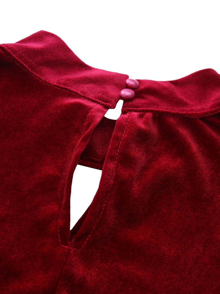 Abito in velluto a pieghe con maniche a lanterna ritagliato anni '40