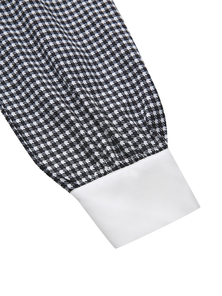 Abito pied de poule con maniche a sbuffo e bottoni di perle nero anni '40