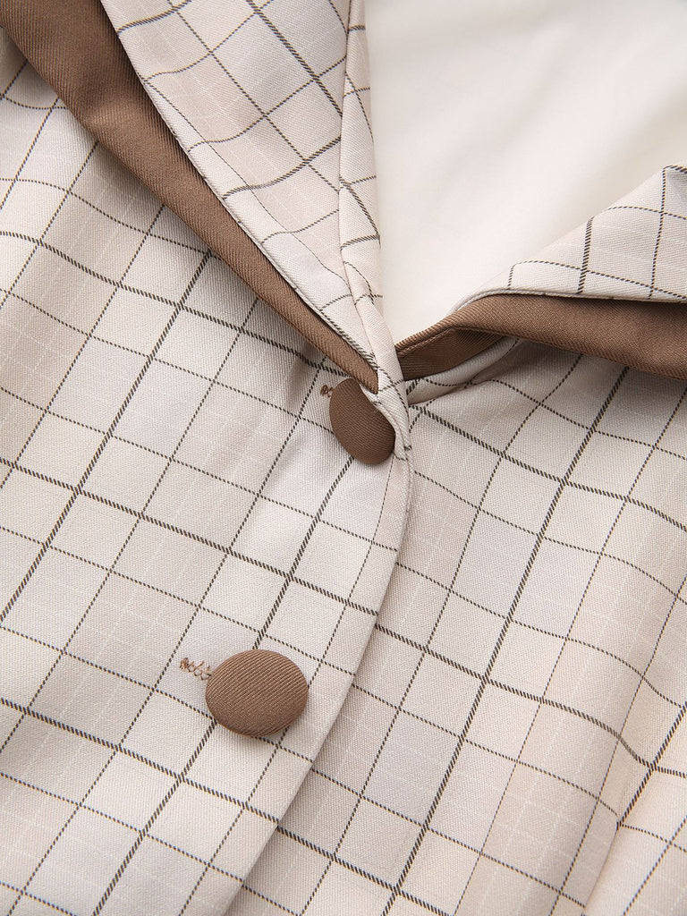 Abito camicia a quadri con cintura e bottoni beige anni '40