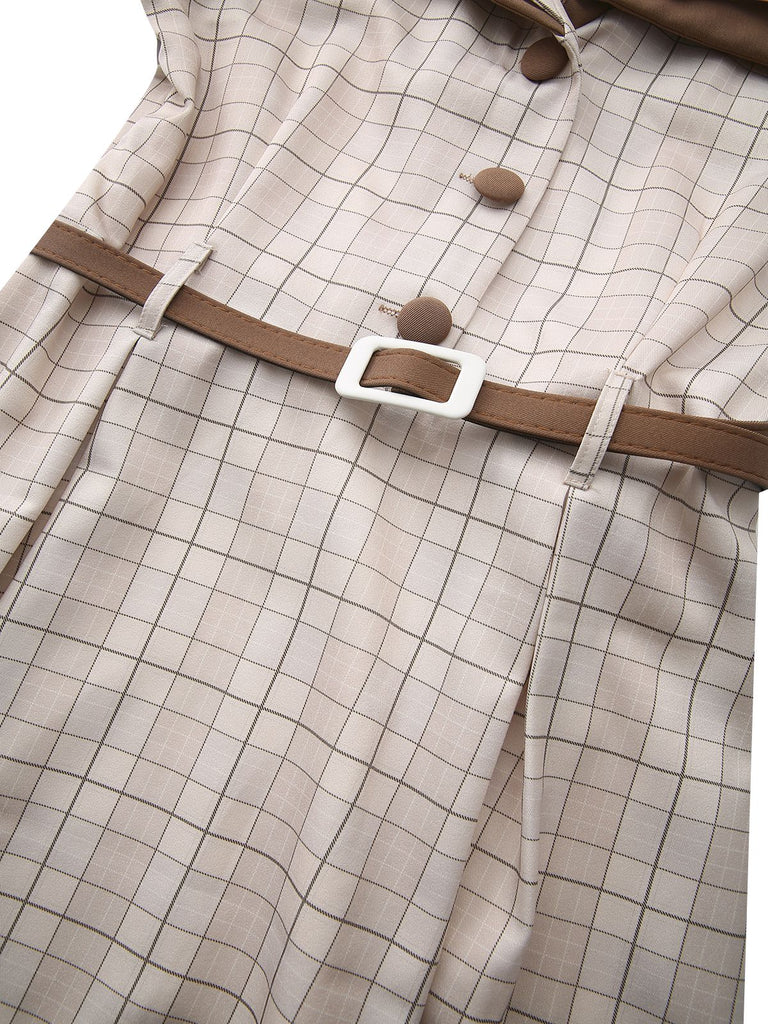 Abito camicia a quadri con cintura e bottoni beige anni '40