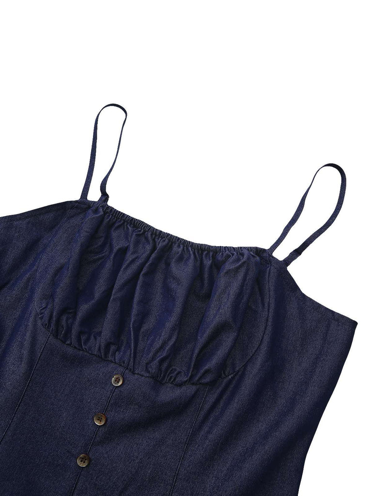 Mini abito blu increspato con cinturino spaghetti anni '60
