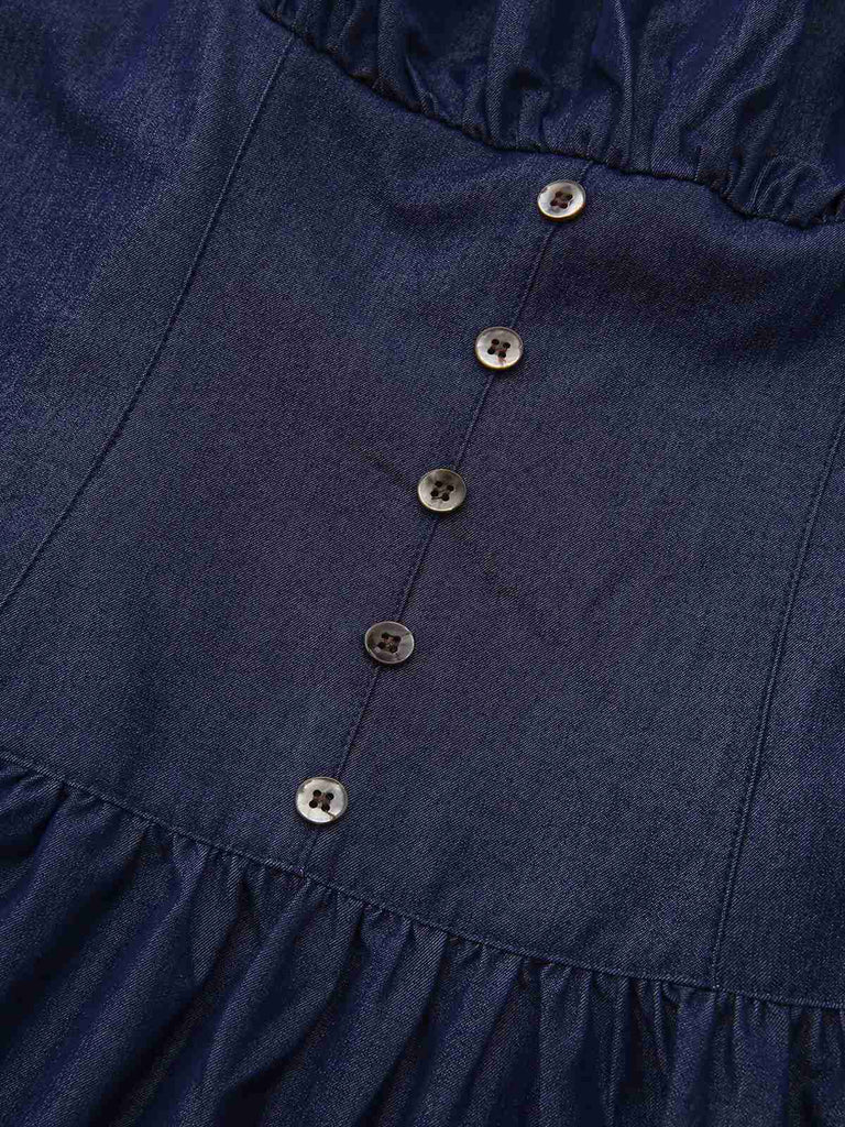 Mini abito blu increspato con cinturino spaghetti anni '60