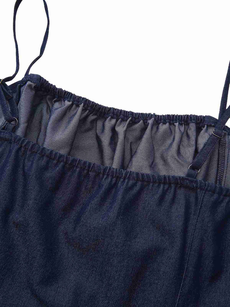 Mini abito blu increspato con cinturino spaghetti anni '60