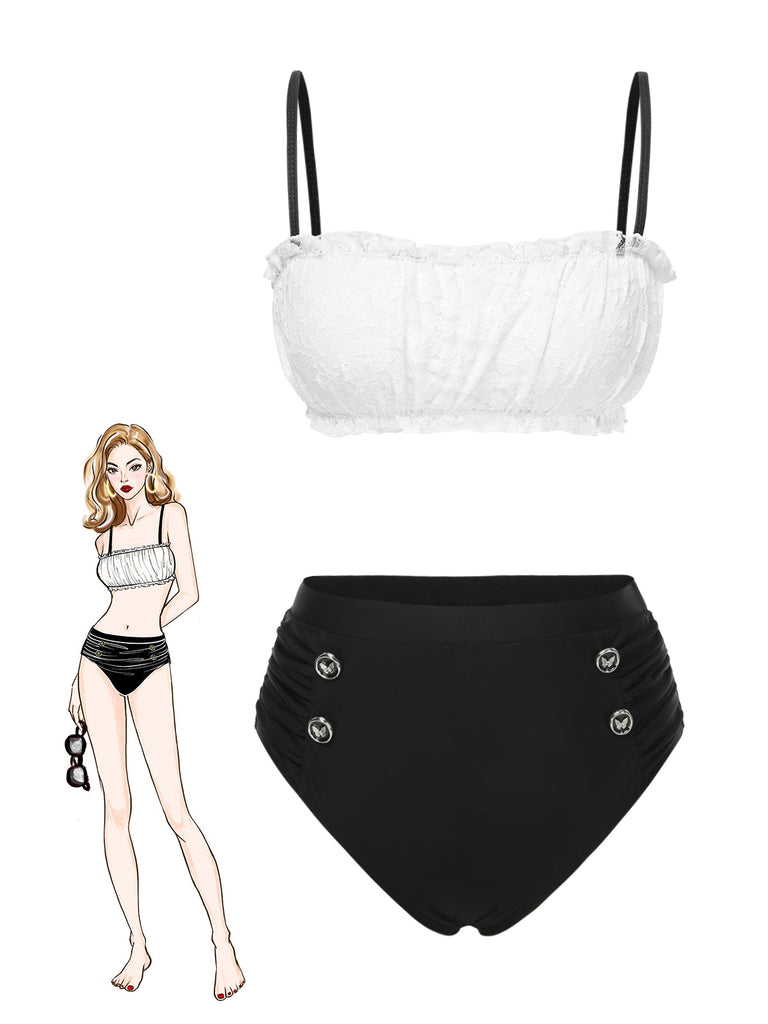 Set bikini in pizzo colorblock bianco e nero anni '30