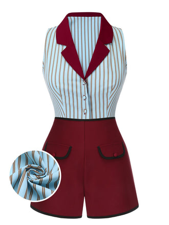 2PCS Camicetta a righe blu e pantaloncini rosso anni '50