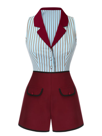 2PCS Camicetta a righe blu e pantaloncini rosso anni '50