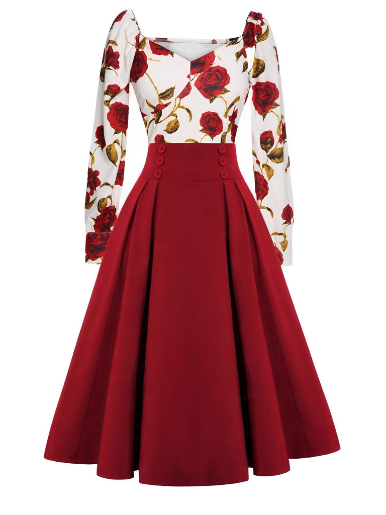 2PCS Camicetta rose e gonna plissettata rosso anni '60