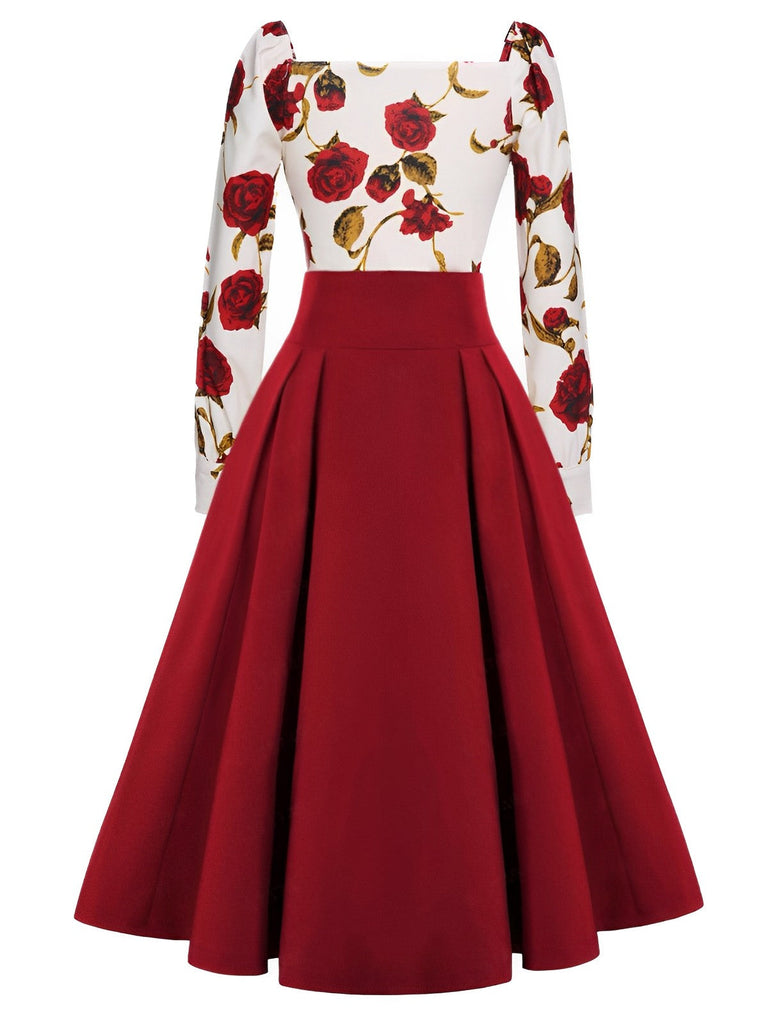 2PCS Camicetta rose e gonna plissettata rosso anni '60