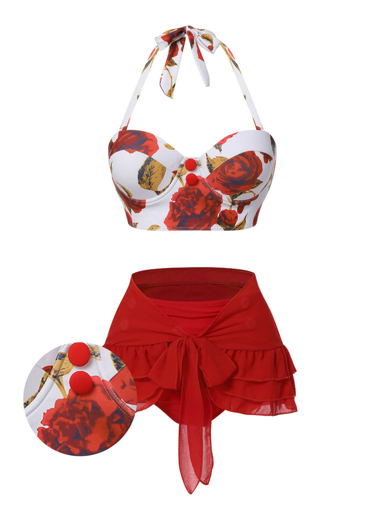 2PCS Costumi con rose e gonna copricostume blu anni '60