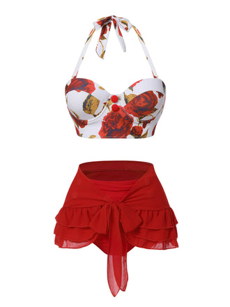 2PCS Costumi scollo a V gonna copricostume rose rosse anni '60