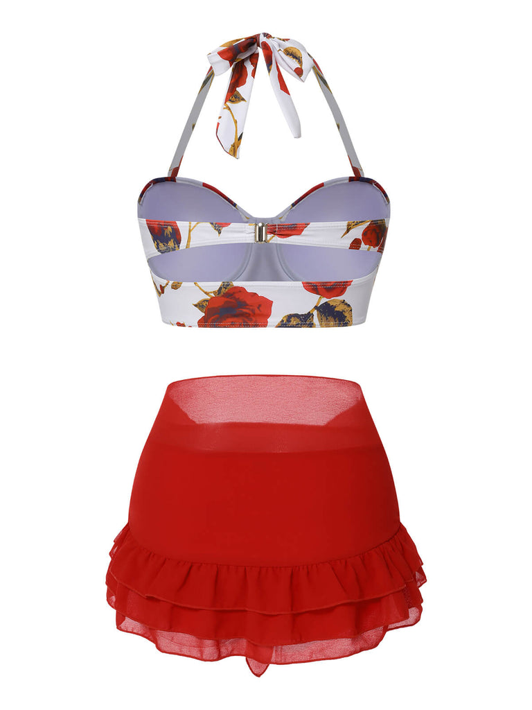 2PCS Costumi con rose e gonna copricostume blu anni '60