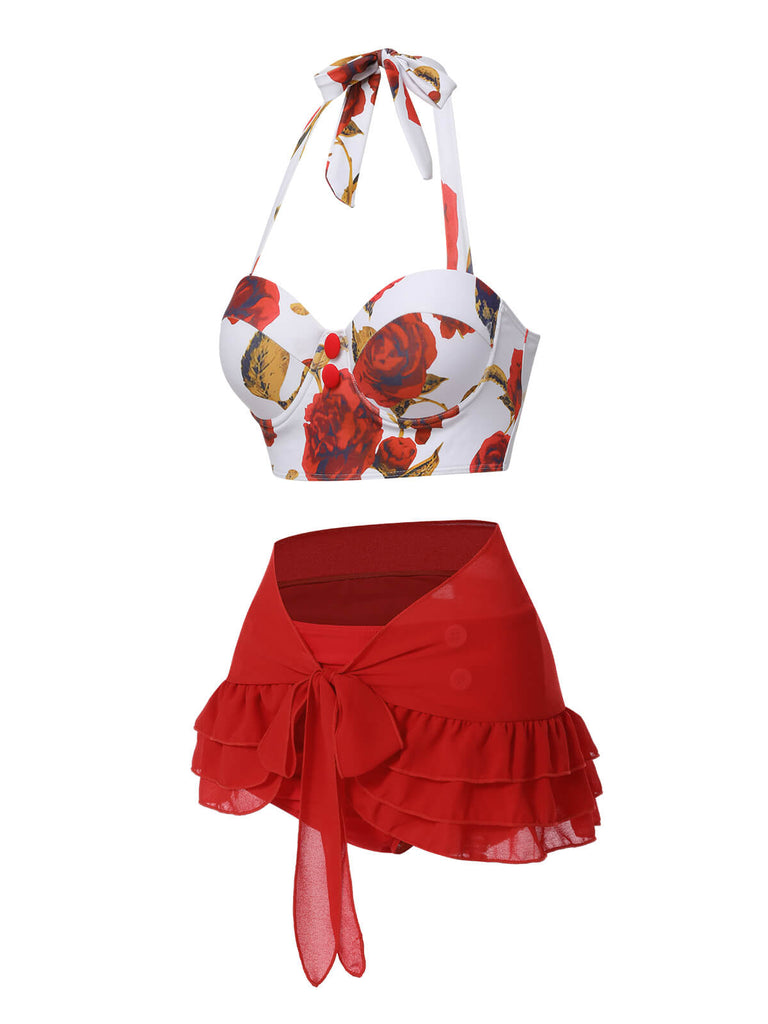 2PCS Costumi scollo a V gonna copricostume rose rosse anni '60