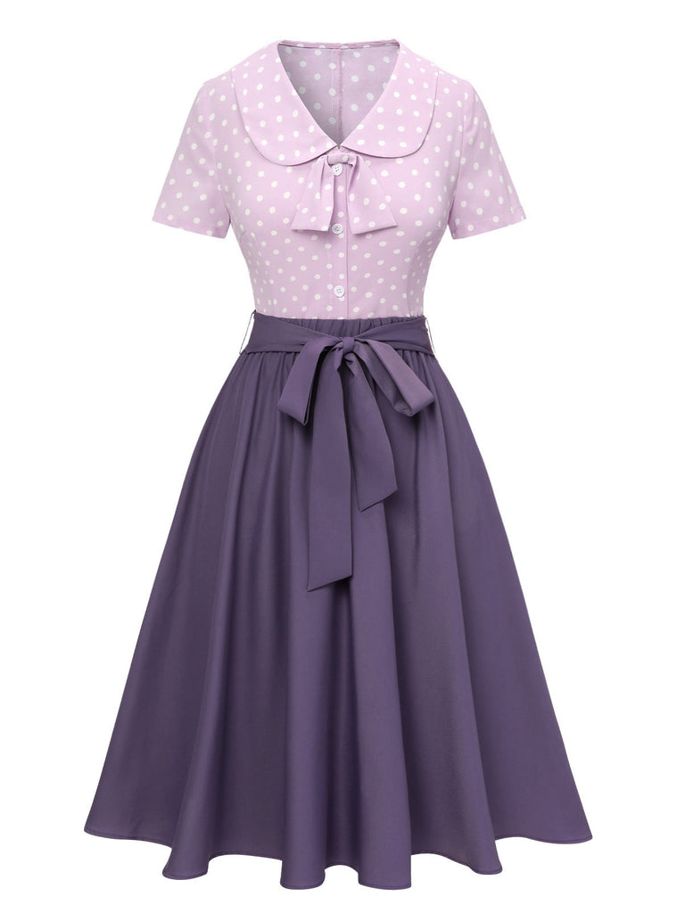 2PCS Camicetta a pois e gonna tinta unita lavanda anni '40
